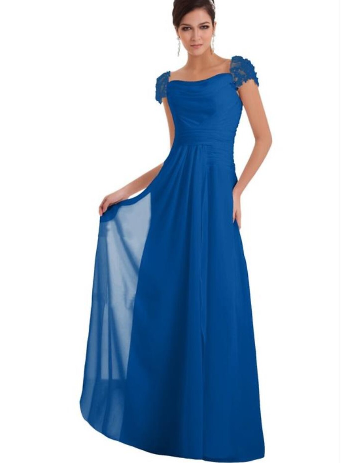 Luolandi A-Line Bridesmaid Dress Square Neck Short Sleeve Elegant Floor Length Chiffon with Lace Pure Color